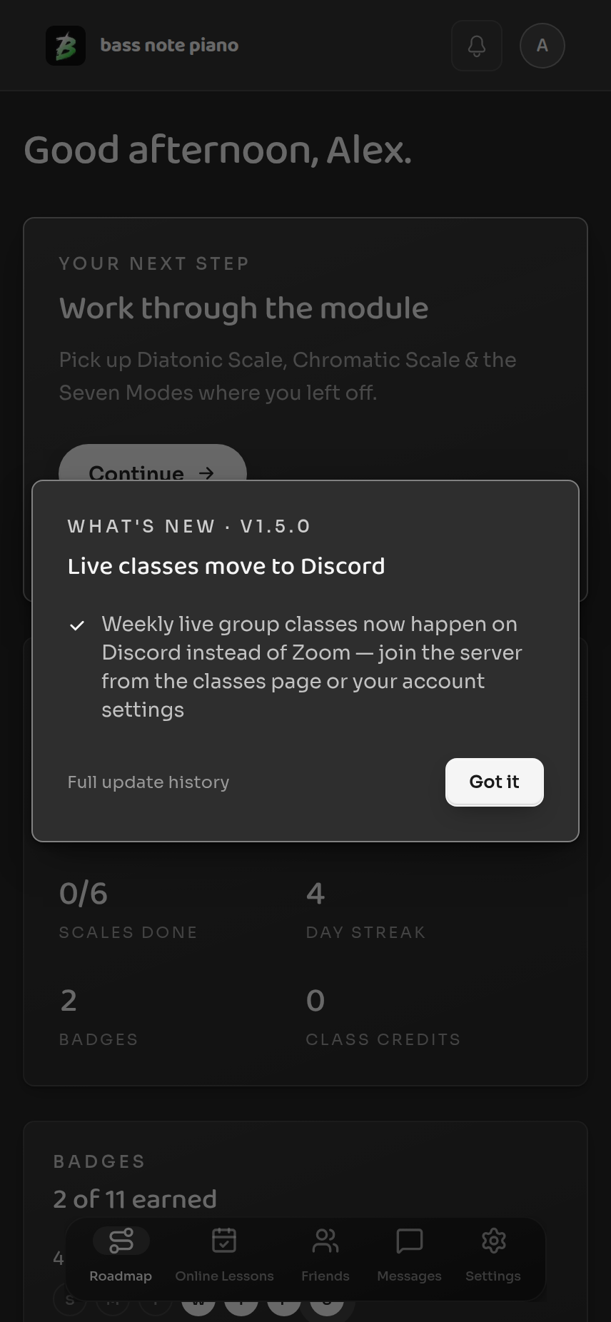 Roadmap dashboard showing scale progress, badges, and practice streak