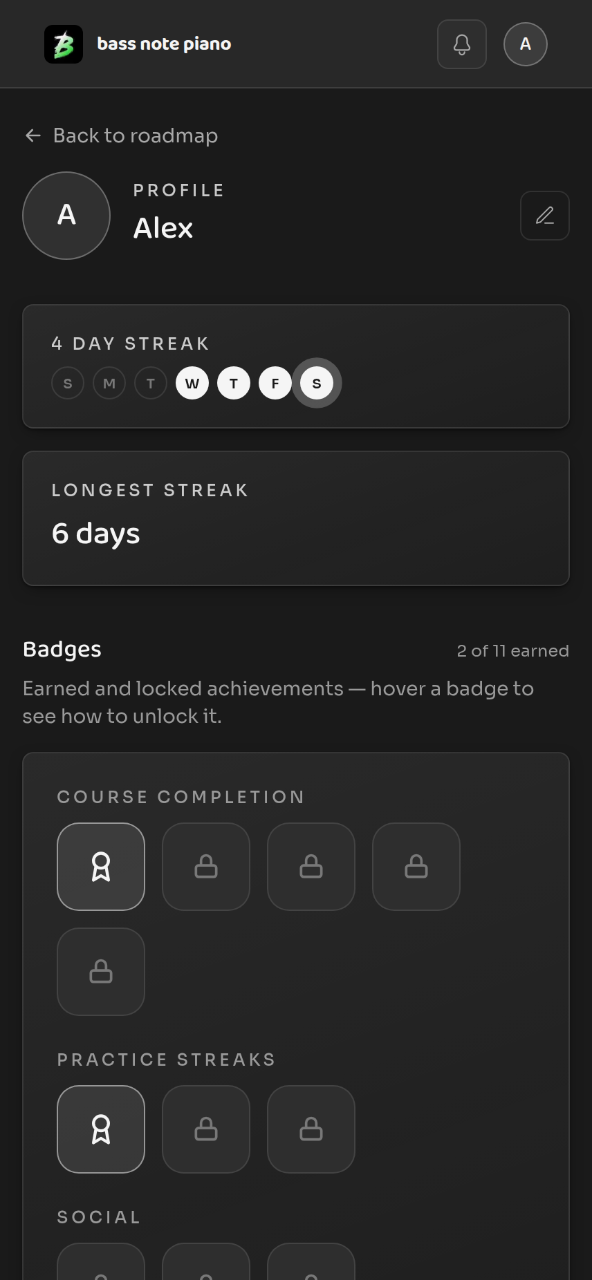 Profile page showing streak history and earned badges